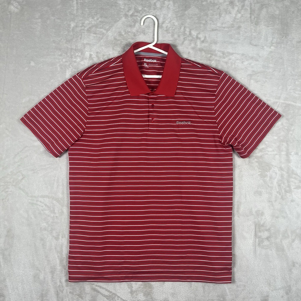 Reebok Polo Shirt Mens XL Red Striped Lightweight Spellout Golf Tennis Active